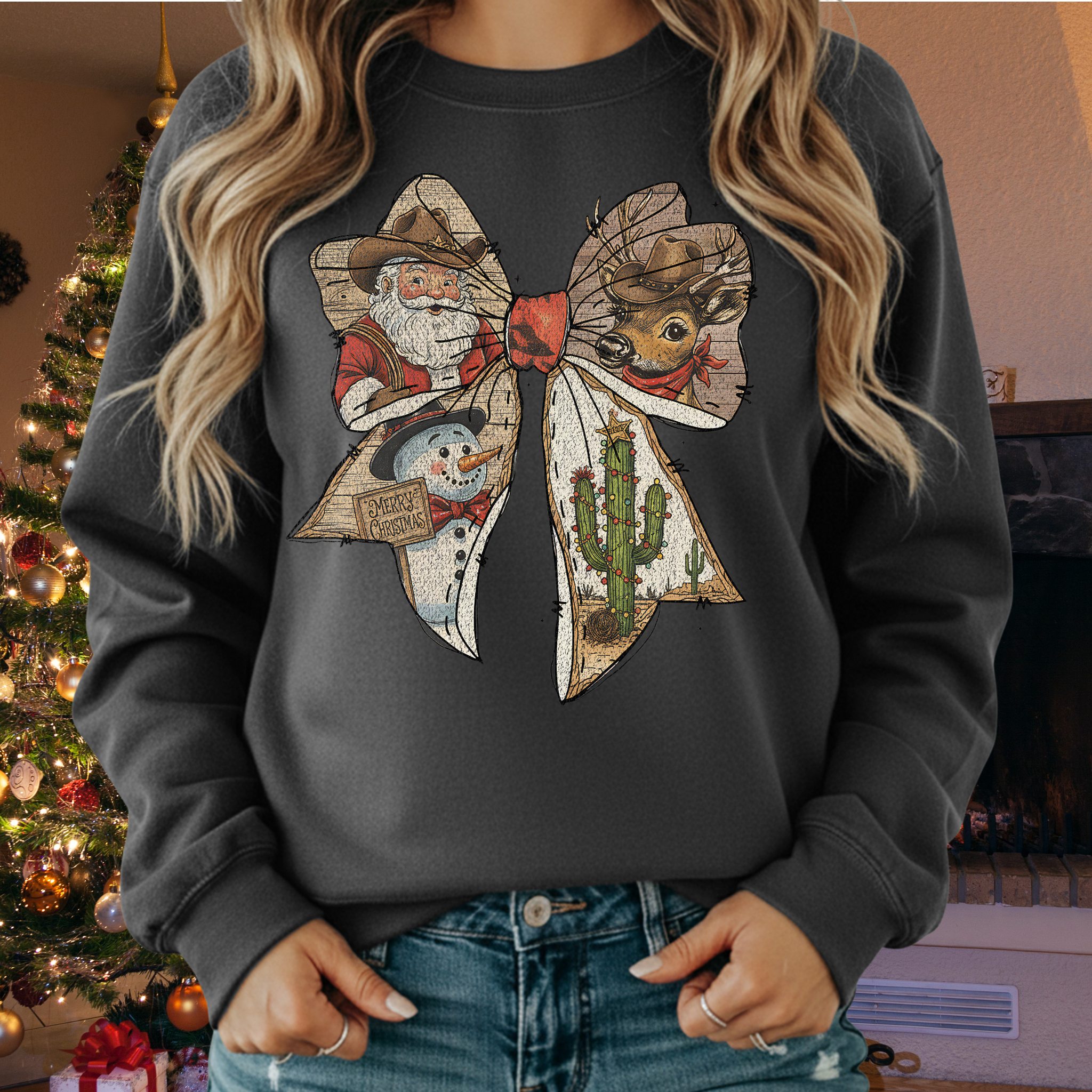 Vintage Cowboy Christmas Dark Heather Crew